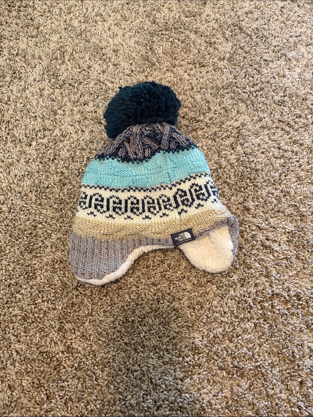 The North Face Kids Earflap Beanie - Teal, Navy & Cream